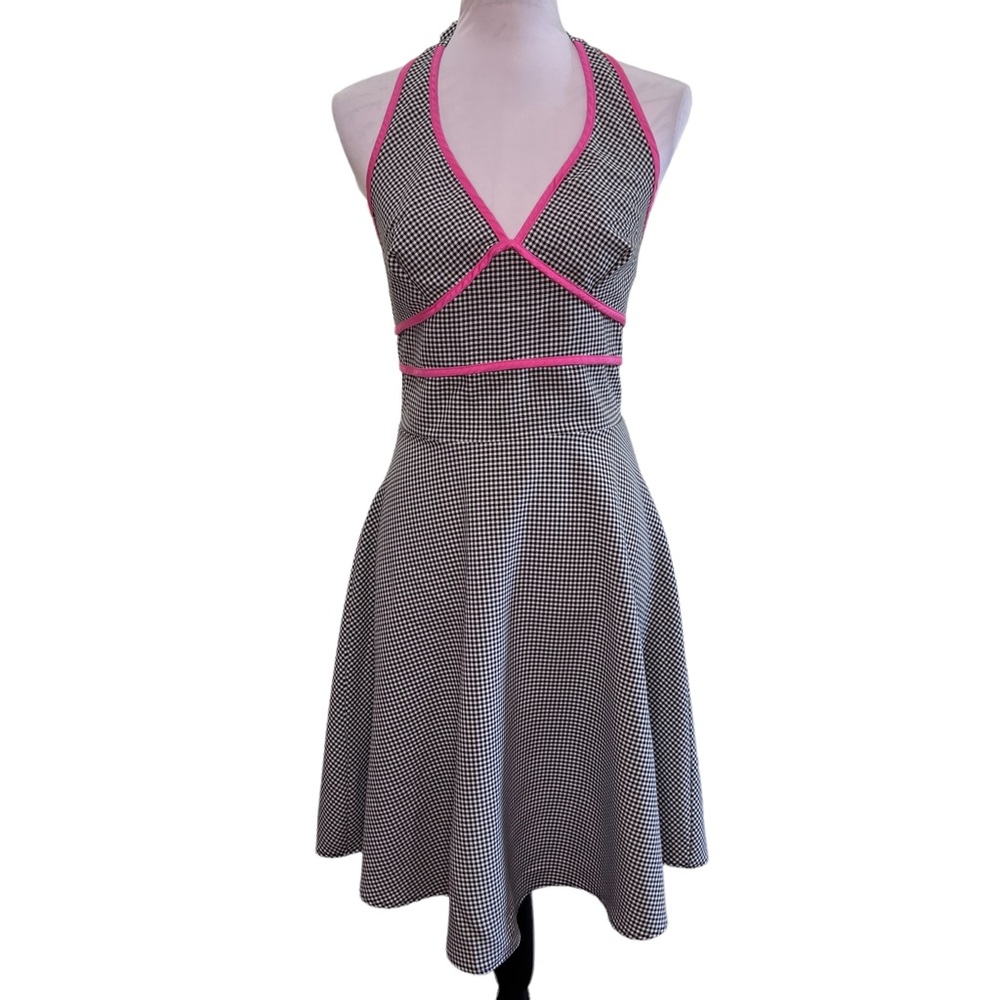 La Belle Black White Gingham Fit & Flare Halter Top Dress Pink Trim Swingy Skirt